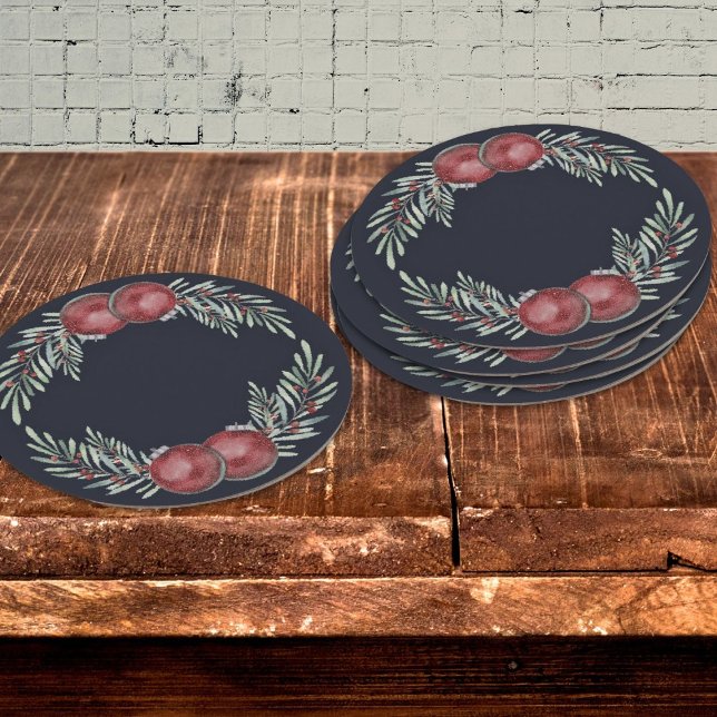 Elegant Dark Blue Christmas Ornament Red Berries Round Paper Coaster (Creator Uploaded)