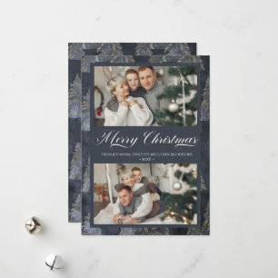 Elegant Dark Blue Christmas Tree  Family Photo Holiday Card