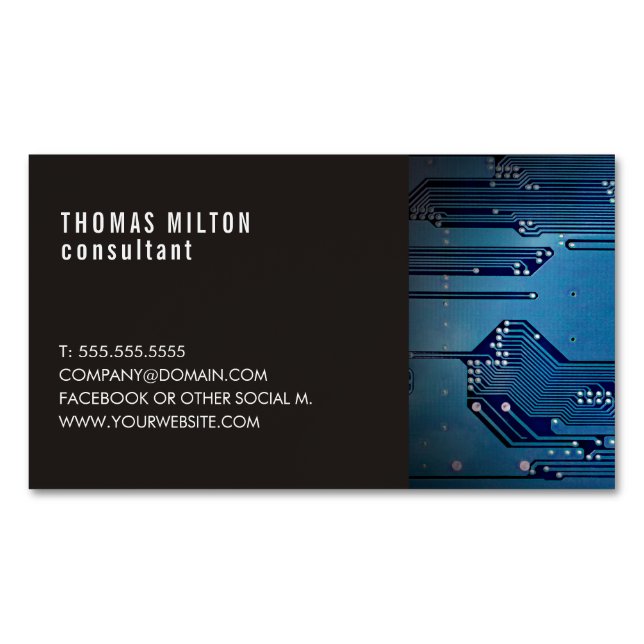 Elegant Dark Blue Circuit Board Photo Consultant Magnetic Business Card (Front)