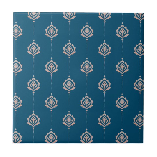 Elegant Dark Blue Damascus Pattern Ceramic Tile (Front)