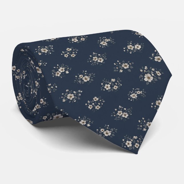 Elegant Dark Blue Ditsy Floral Tie (Rolled)