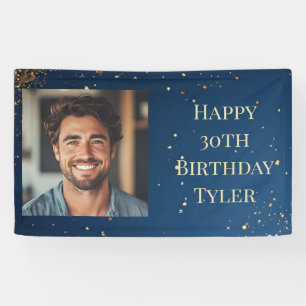 Elegant Dark Blue & Faux Gold Birthday  Banner