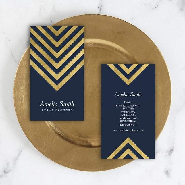 Elegant Dark Blue Faux Gold Geometric Social Media Business Card (Creator Uploaded)