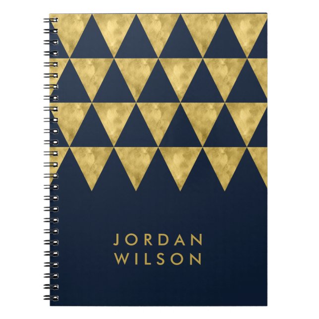 Elegant Dark Blue Faux Gold Triangle Pattern Notebook (Front)