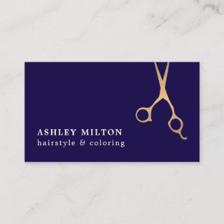 Elegant Dark Blue Faux Golden Scissors Hairstylist Business Card