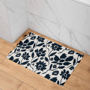 Elegant Dark Blue Floral Cream Canvas  Bath Mat