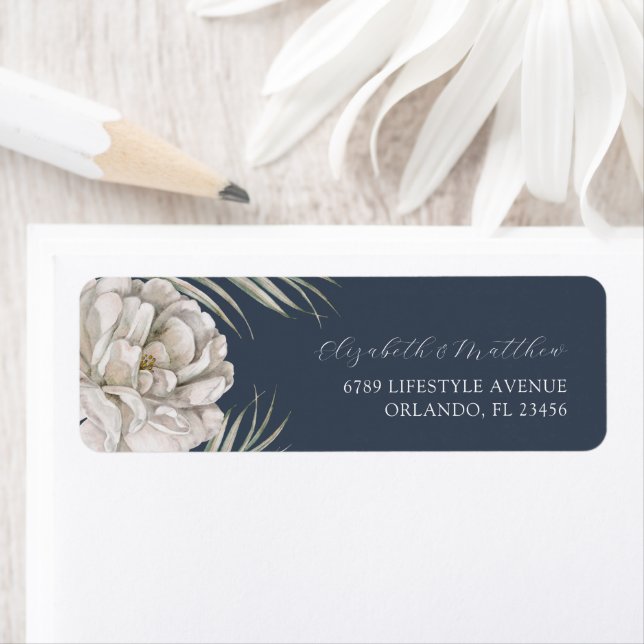 Elegant Dark Blue & Floral Wedding Return Address Label (Insitu)