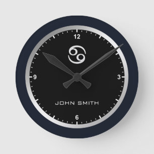 Elegant Dark Blue Frame Zodiac Sign Name Custom  Round Clock