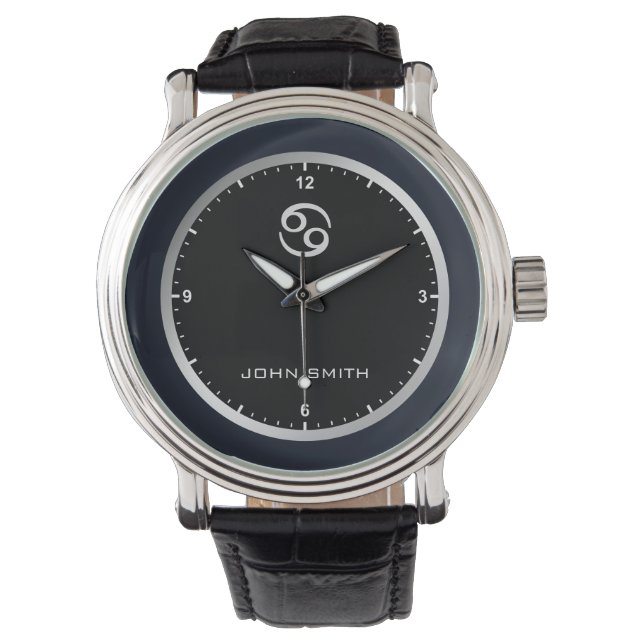 Elegant Dark Blue Frame Zodiac Sign Name Custom Watch (Front)