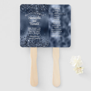 Elegant Dark Blue Glitter & Foil Wedding Program Hand Fan