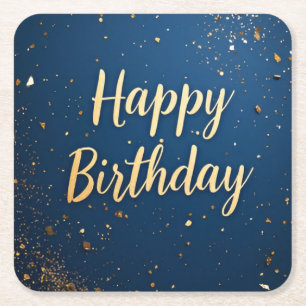 Elegant Dark Blue Gold Birthday Paper Coaster