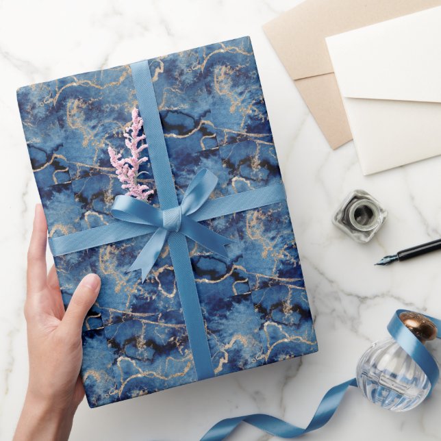 Elegant Dark Blue Gold Watercolor  Wrapping Paper (Gifting)