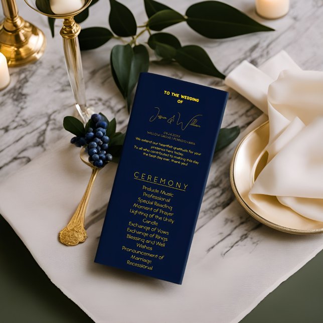 Elegant Dark blue & gold Wedding Program classy  (Creator Uploaded)
