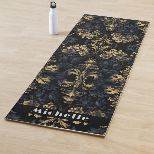 Elegant Dark Blue Grey Black Gold Flower Mystique  Yoga Mat