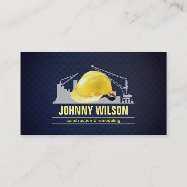Elegant Dark Blue Grid Safety Helmet Construction Business Card (Front)