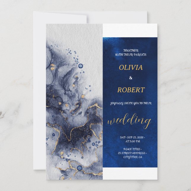 Elegant Dark Blue & Light Milk Gold Marble Invitation (Front)