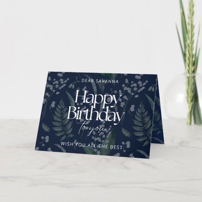 Elegant Dark Blue Lily of the Valley Birthday Card (Front)