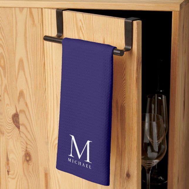 Elegant Dark Blue Monogram Custom Template Trendy Tea Towel (Thirds Fold)