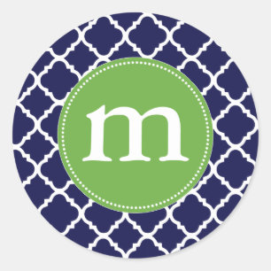 Elegant Dark Blue Moroccan Quatrefoil Personalised Classic Round Sticker