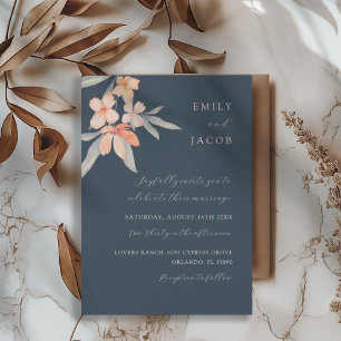 Elegant Dark Blue & Pale Orange Floral Wedding Invitation