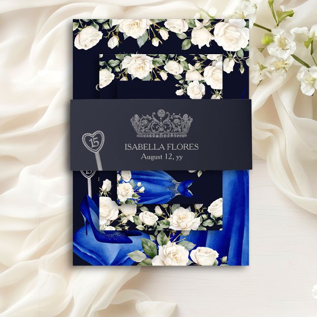 Elegant Dark Blue Quinceanera Tiara 15th Birthday Invitation Belly Band (Invitation Belly Band from the Princess Dress and Roses Quinceanera collection by Darling & May)