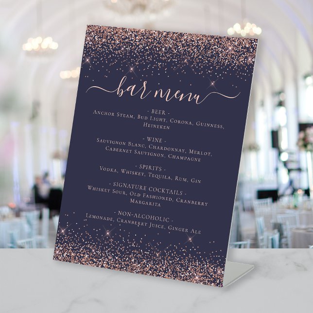 Elegant Dark Blue Rose Gold Glitter Bar Menu Pedestal Sign (Creator Uploaded)