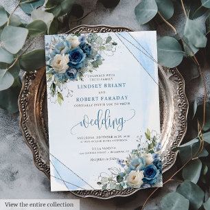 Elegant Dark Blue Roses Silver Frame Wedding  Invitation