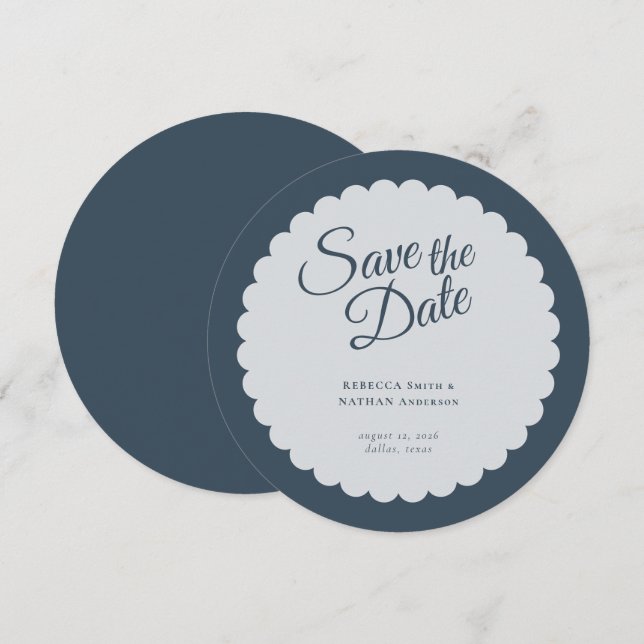 Elegant Dark Blue Script Scallop Wedding Save The Date (Front/Back)