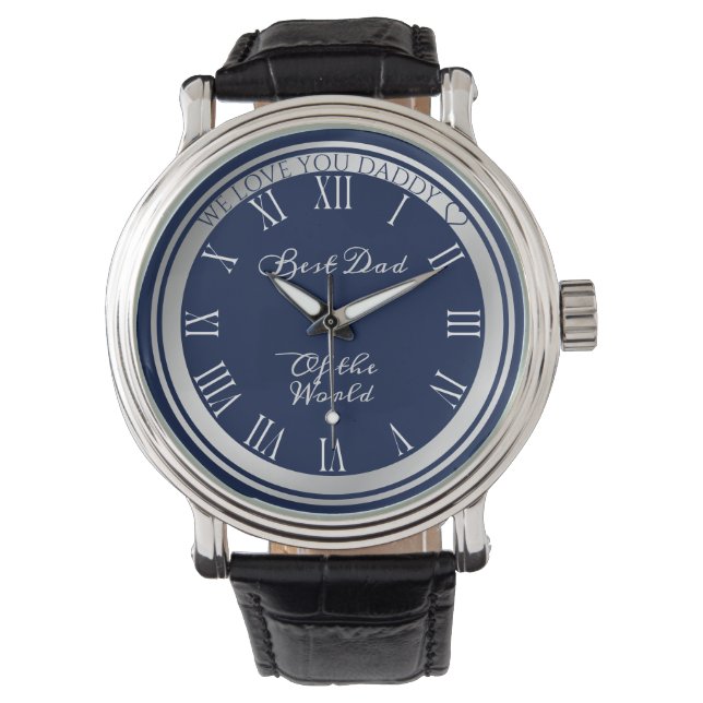 Elegant Dark Blue Silver Border Best Dad Text Watch (Front)