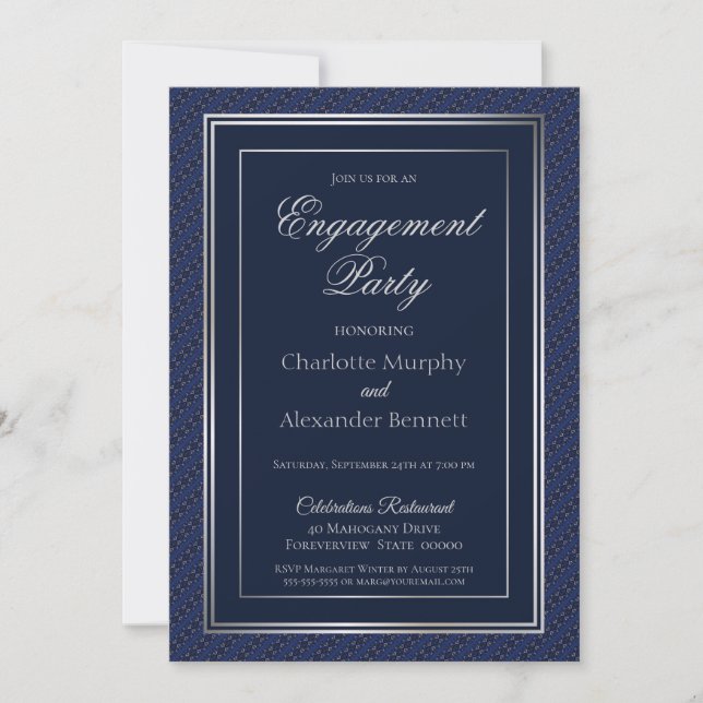 Elegant Dark Blue Silver Border Engagement Party Invitation (Front)