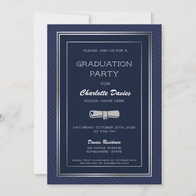Elegant Dark Blue Silver Border Graduation Party Invitation (Front)