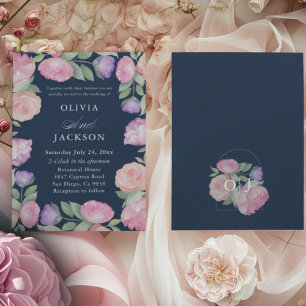 Elegant Dark Blue Watercolor Floral Wedding Invitation