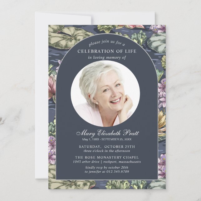 Elegant Dark Blue Waterlily Photo Funeral Invitation (Front)