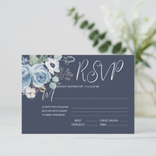 Elegant Dark Blue & White Floral Wedding RSVP Card