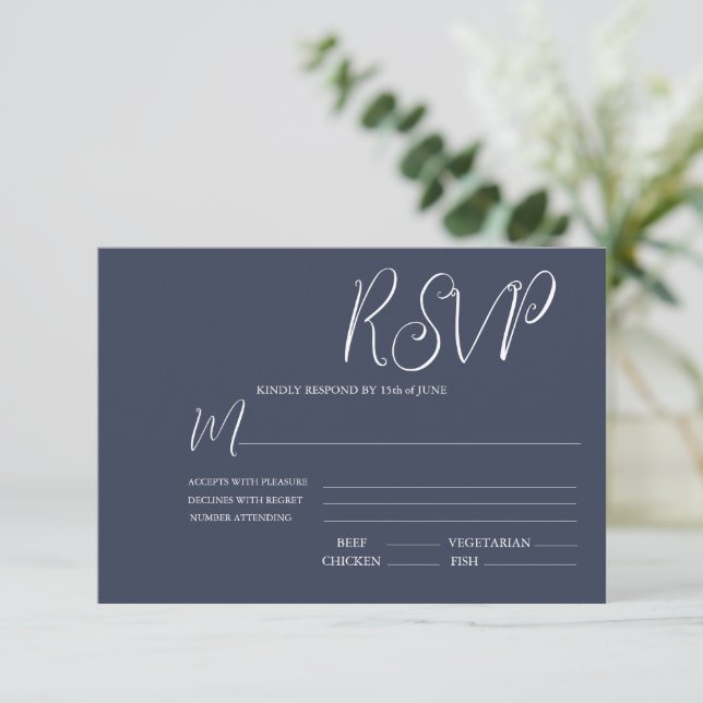Elegant Dark Blue & White Wedding RSVP Card (Standing Front)