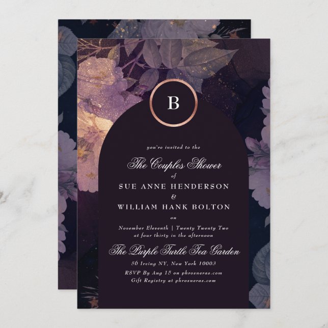 Elegant Dark Boho Floral Arch Rose Gold Couples Invitation (Front/Back)
