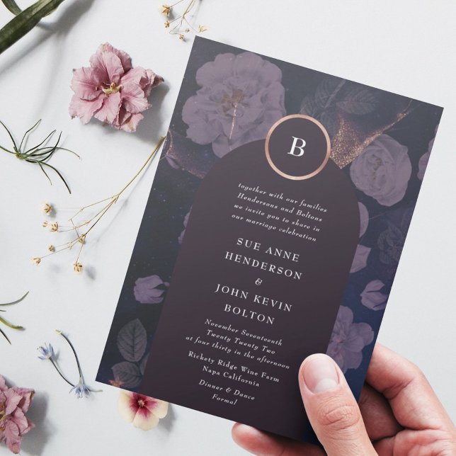Elegant Dark Boho Floral Arch Rose Gold Wedding Invitation (Creator Uploaded)
