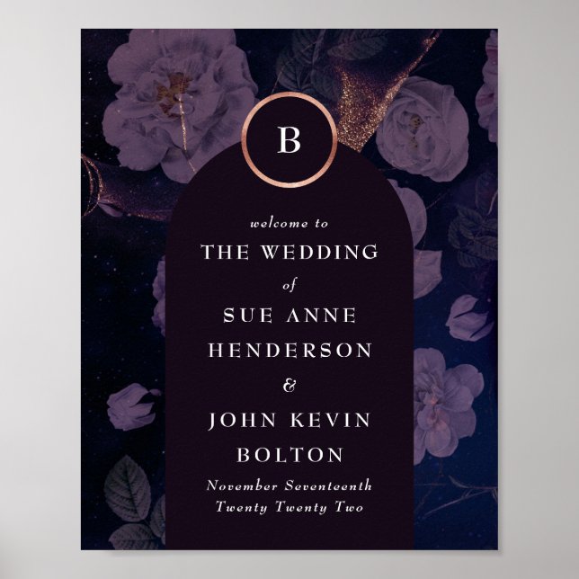 Elegant Dark Boho Floral Arch Rose Gold Wedding Poster (Front)