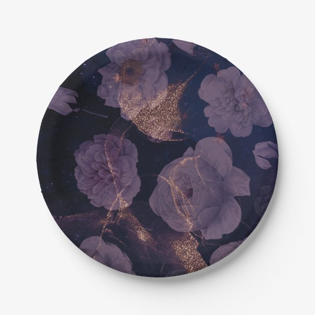 Elegant Dark Boho Floral Purple Botanical Wedding Paper Plate (Front)