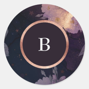 Elegant Dark Boho Floral Purple Rose Gold Wedding Classic Round Sticker