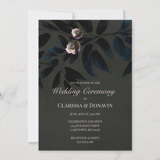 Elegant Dark Boho Wedding Floral Leaves Invitation (Front)