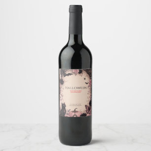 Elegant Dark Botanical Halloween Party Wine Label