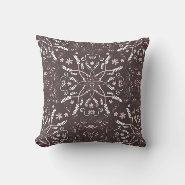 Elegant Dark Botanical Mandala Pattern Cushion (Front)