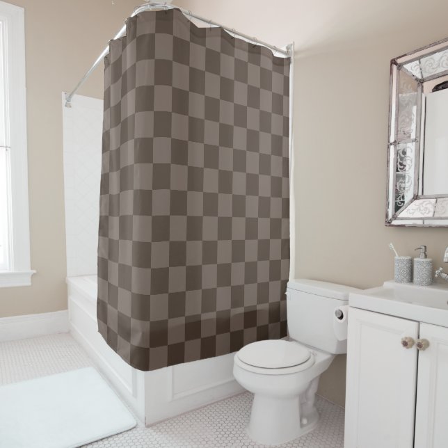  Elegant Dark Brown Chequerboard Shower Curtain (In Situ)