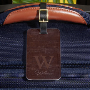 Elegant Dark Brown Cow Leather Texture Monogrammed Luggage Tag