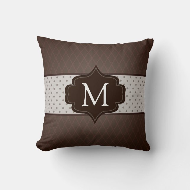 Elegant Dark Brown Polka Dot Custom Monogram Cushion (Front)