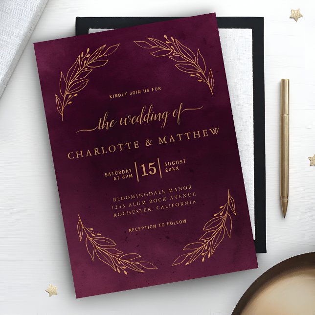 Elegant Dark Burgundy and Gold Botanical Wedding Invitation (Creator Uploaded)