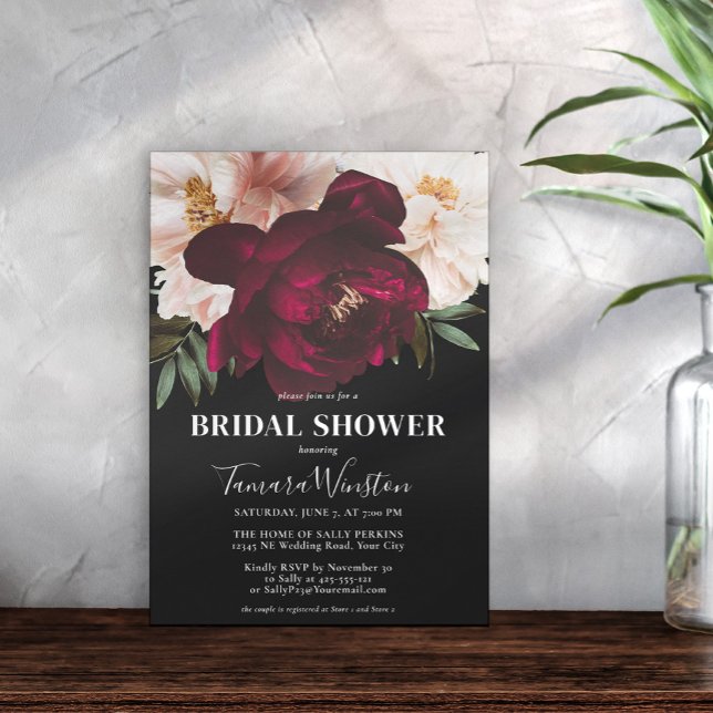 Elegant Dark Burgundy & Blush Floral Black Shower Invitation (Creator Uploaded)