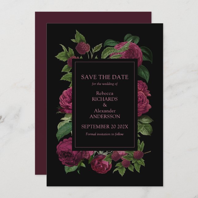 Elegant Dark Burgundy Floral Wedding   Save The Date (Front/Back)