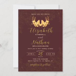 Elegant Dark Burgundy Gold Birds Floral Wedding Invitation